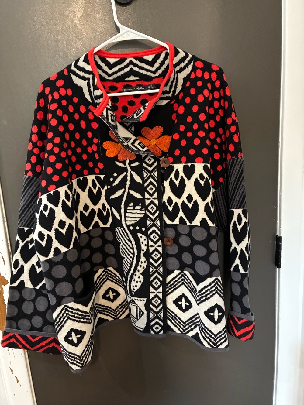 BNWOT CLASSIC Gudrun Sjoden Black, Red & Orange 50th Anniversary Button Coatigan